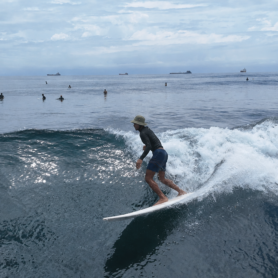 surfer on a wave wearing a surf hat helmet bucket style olive green